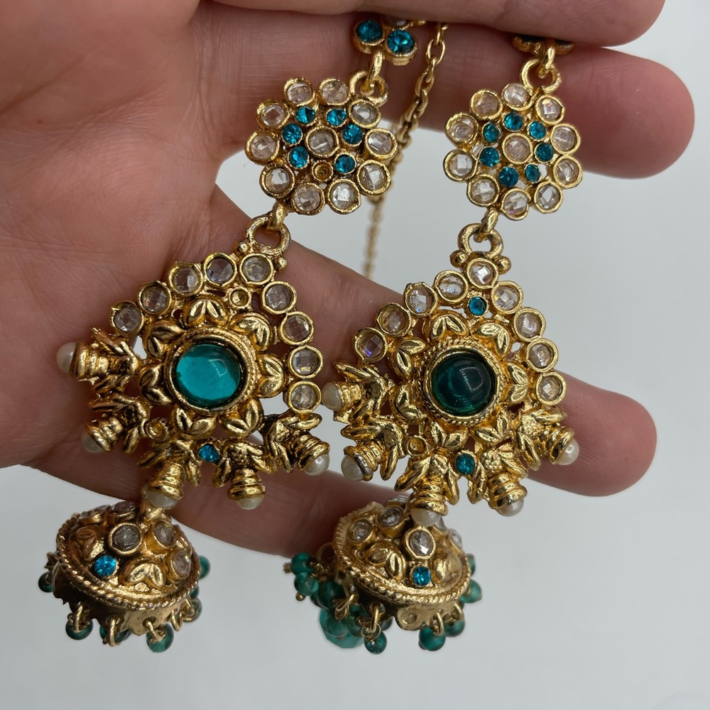 Dangling teal blue pearl beads earrings jhumkay jhumkiyan